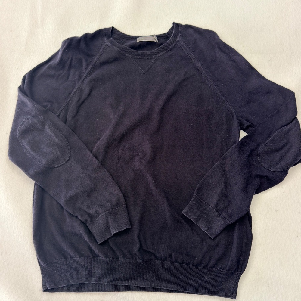 Vince Womens Large Navy Blue Italian Cotton Crewneck Sweater Elbow Patch